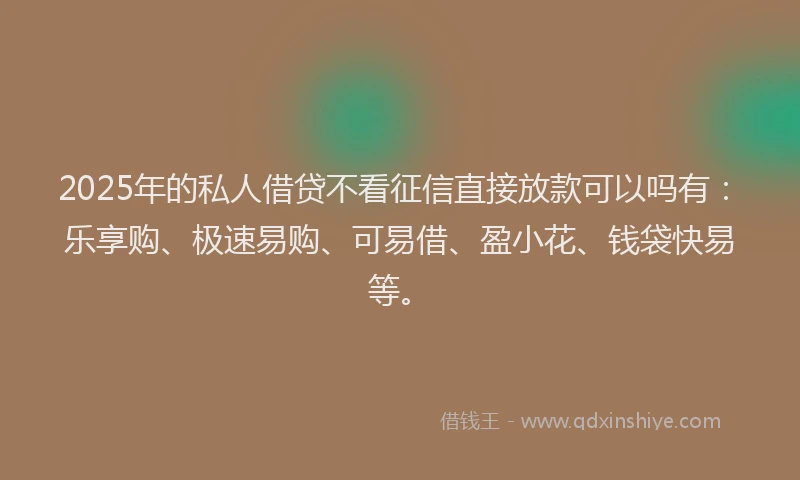 2025年的私人借贷不看征信直接放款可以吗有：乐享购、极速易购、可易借、盈小花、钱袋快易等。