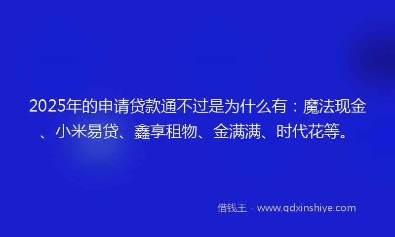 2025年的申请贷款通不过是为什么有：魔法现金、小米易贷、鑫享租物、金满满、时代花等。