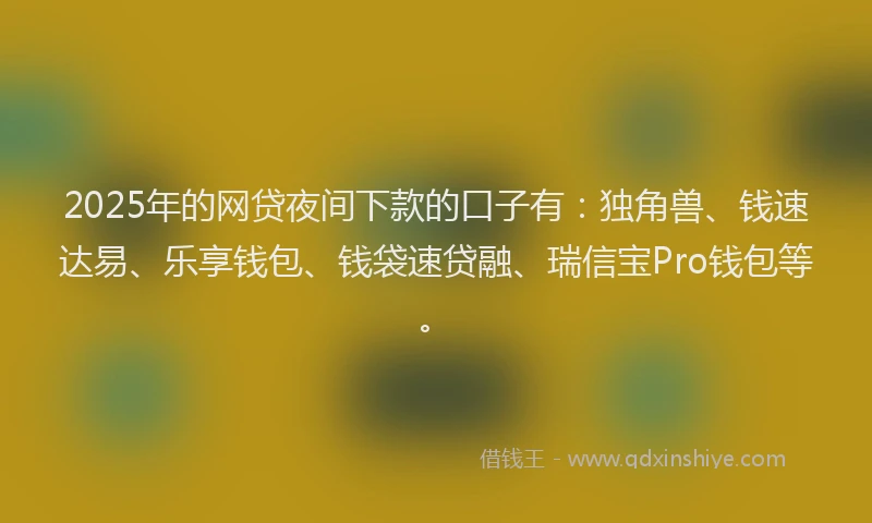 2025年的网贷夜间下款的口子有：独角兽、钱速达易、乐享钱包、钱袋速贷融、瑞信宝Pro钱包等。