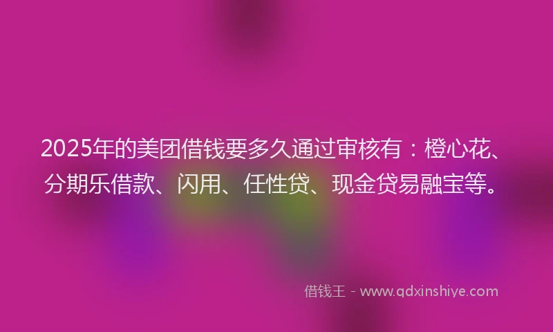 2025年的美团借钱要多久通过审核有：橙心花、分期乐借款、闪用、任性贷、现金贷易融宝等。
