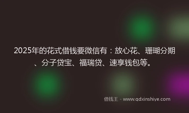 2025年的花式借钱要微信有：放心花、珊瑚分期、分子贷宝、福瑞贷、速享钱包等。