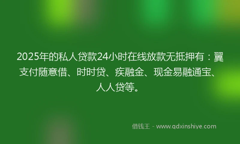 2025年的私人贷款24小时在线放款无抵押有：翼支付随意借、时时贷、疾融金、现金易融通宝、人人贷等。