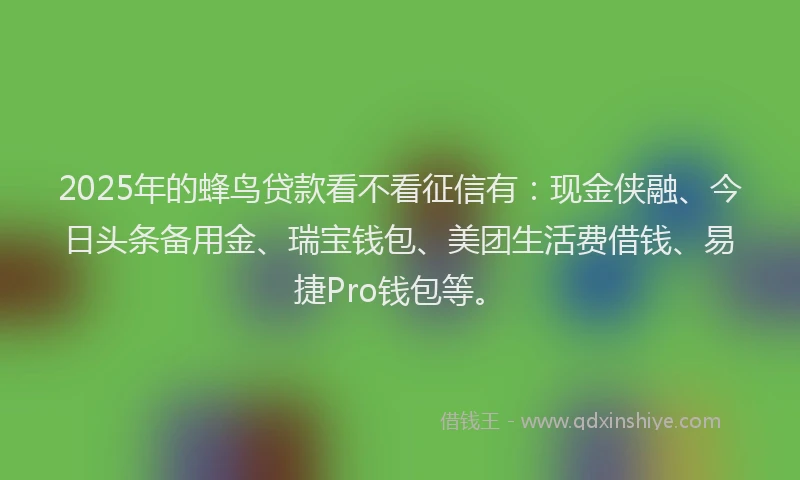 2025年的蜂鸟贷款看不看征信有：现金侠融、今日头条备用金、瑞宝钱包、美团生活费借钱、易捷Pro钱包等。