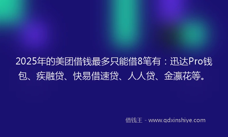 2025年的美团借钱最多只能借8笔有：迅达Pro钱包、疾融贷、快易借速贷、人人贷、金瀛花等。