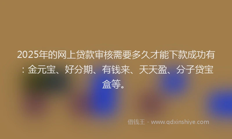 2025年的网上贷款审核需要多久才能下款成功有：金元宝、好分期、有钱来、天天盈、分子贷宝盒等。