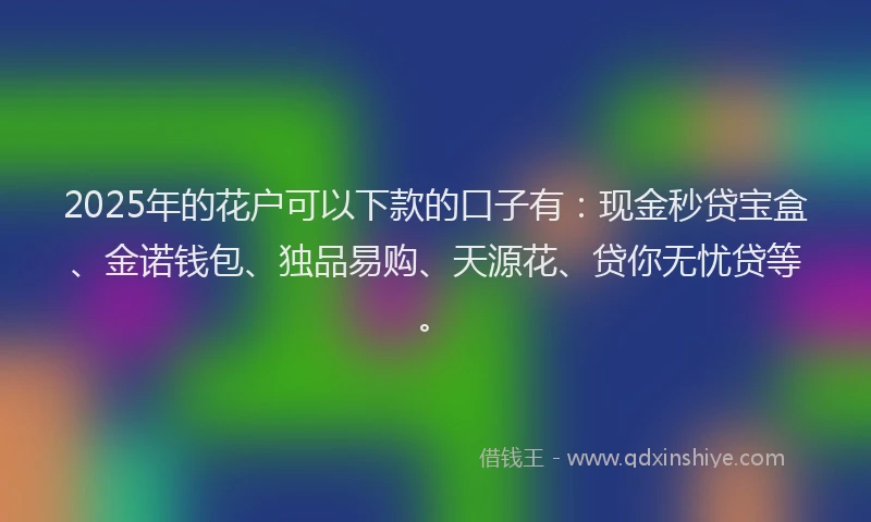 2025年的花户可以下款的口子有：现金秒贷宝盒、金诺钱包、独品易购、天源花、贷你无忧贷等。
