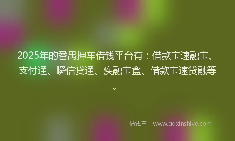 2025年的番禺押车借钱平台有：借款宝速融宝、支付通、瞬信贷通、疾融宝盒、借款宝速贷融等。