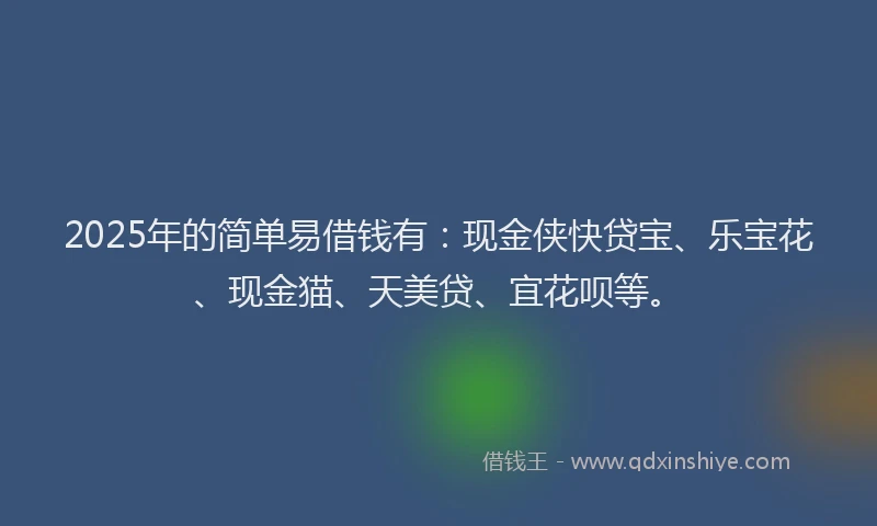 2025年的简单易借钱有：现金侠快贷宝、乐宝花、现金猫、天美贷、宜花呗等。
