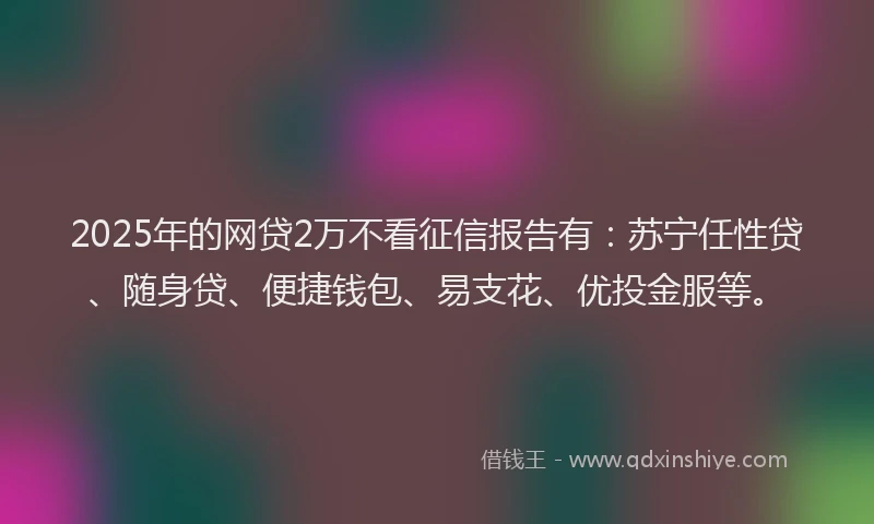 2025年的网贷2万不看征信报告有：苏宁任性贷、随身贷、便捷钱包、易支花、优投金服等。