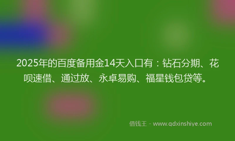 2025年的百度备用金14天入口有：钻石分期、花呗速借、通过放、永卓易购、福星钱包贷等。