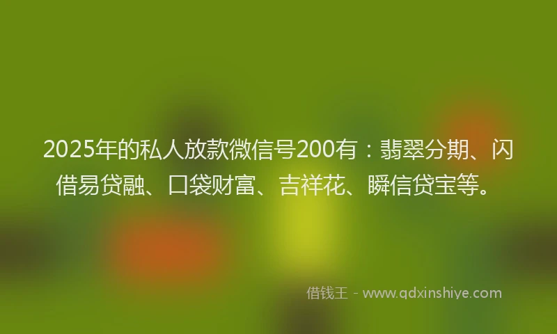 2025年的私人放款微信号200有：翡翠分期、闪借易贷融、口袋财富、吉祥花、瞬信贷宝等。