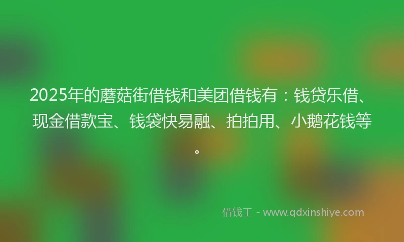 2025年的蘑菇街借钱和美团借钱有：钱贷乐借、现金借款宝、钱袋快易融、拍拍用、小鹅花钱等。
