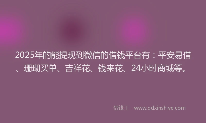2025年的能提现到微信的借钱平台有：平安易借、珊瑚买单、吉祥花、钱来花、24小时商城等。
