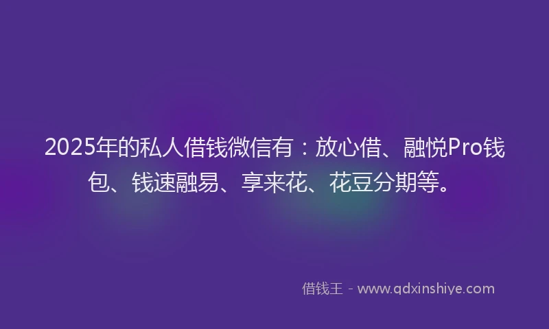 2025年的私人借钱微信有：放心借、融悦Pro钱包、钱速融易、享来花、花豆分期等。