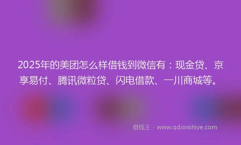2025年的美团怎么样借钱到微信有：现金贷、京享易付、腾讯微粒贷、闪电借款、一川商城等。
