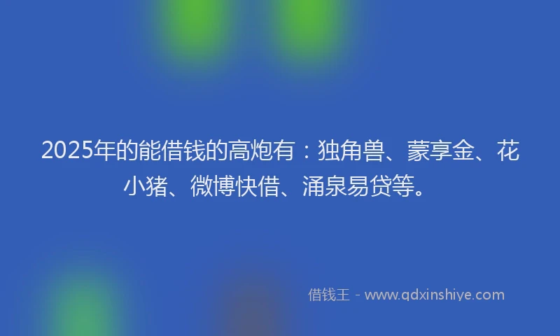 2025年的能借钱的高炮有：独角兽、蒙享金、花小猪、微博快借、涌泉易贷等。