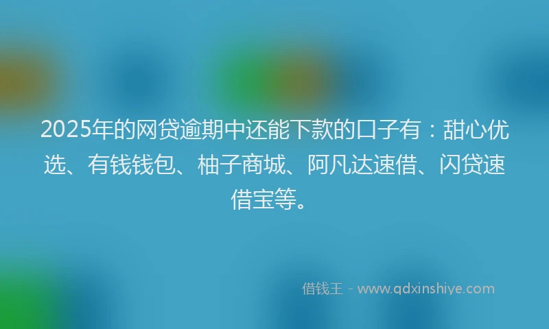 2025年的网贷逾期中还能下款的口子有：甜心优选、有钱钱包、柚子商城、阿凡达速借、闪贷速借宝等。