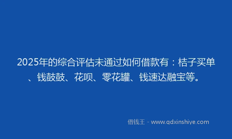 2025年的综合评估未通过如何借款有：桔子买单、钱鼓鼓、花呗、零花罐、钱速达融宝等。