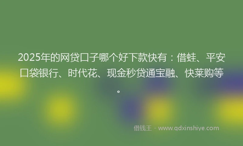 2025年的网贷口子哪个好下款快有：借蛙、平安口袋银行、时代花、现金秒贷通宝融、快莱购等。