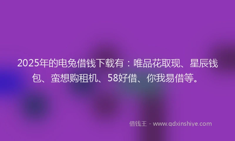 2025年的电兔借钱下载有：唯品花取现、星辰钱包、蛮想购租机、58好借、你我易借等。