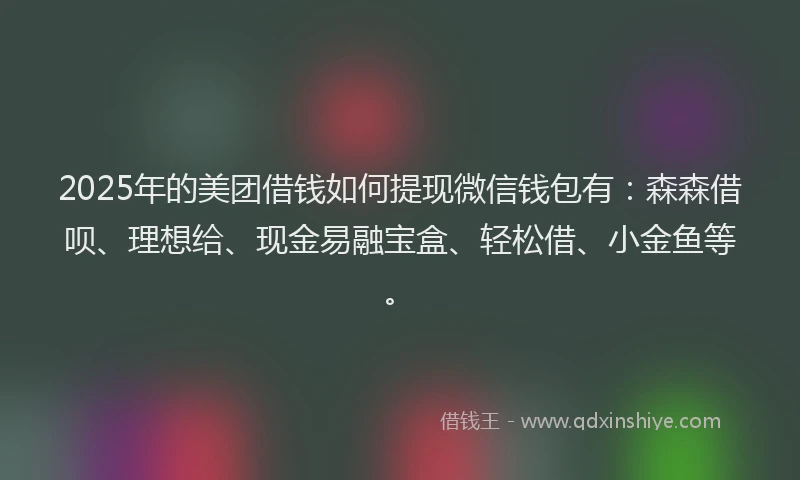 2025年的美团借钱如何提现微信钱包有：森森借呗、理想给、现金易融宝盒、轻松借、小金鱼等。