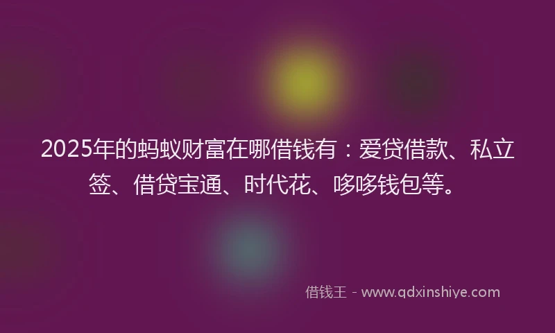 2025年的蚂蚁财富在哪借钱有：爱贷借款、私立签、借贷宝通、时代花、哆哆钱包等。
