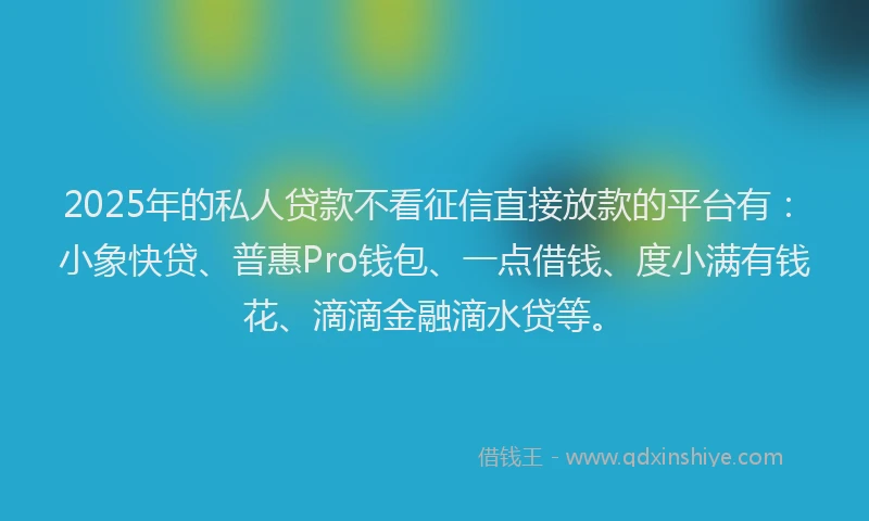 2025年的私人贷款不看征信直接放款的平台有：小象快贷、普惠Pro钱包、一点借钱、度小满有钱花、滴滴金融滴水贷等。