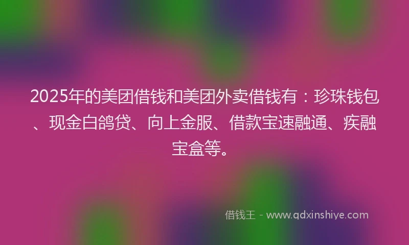 2025年的美团借钱和美团外卖借钱有：珍珠钱包、现金白鸽贷、向上金服、借款宝速融通、疾融宝盒等。