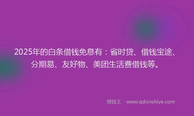2025年的白条借钱免息有：省时贷、借钱宝途、分期易、友好物、美团生活费借钱等。