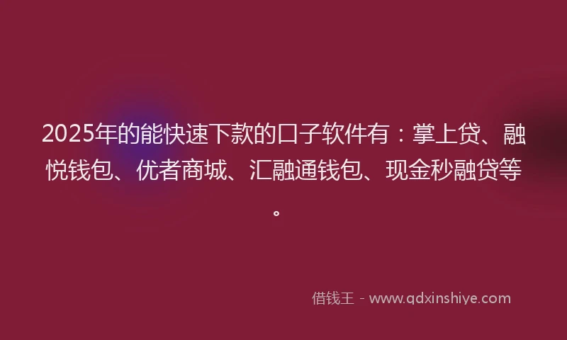 2025年的能快速下款的口子软件有：掌上贷、融悦钱包、优者商城、汇融通钱包、现金秒融贷等。