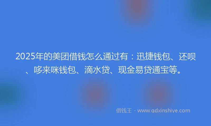 2025年的美团借钱怎么通过有：迅捷钱包、还呗、哆来咪钱包、滴水贷、现金易贷通宝等。