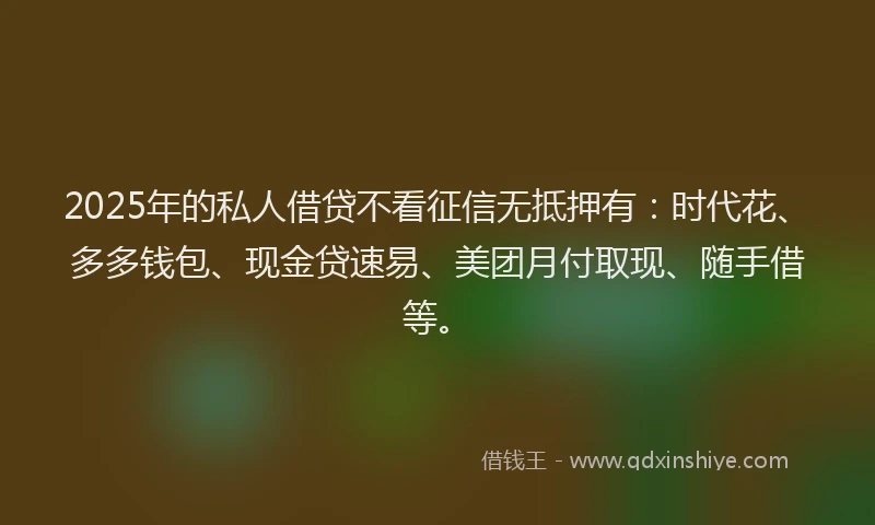 2025年的私人借贷不看征信无抵押有：时代花、多多钱包、现金贷速易、美团月付取现、随手借等。
