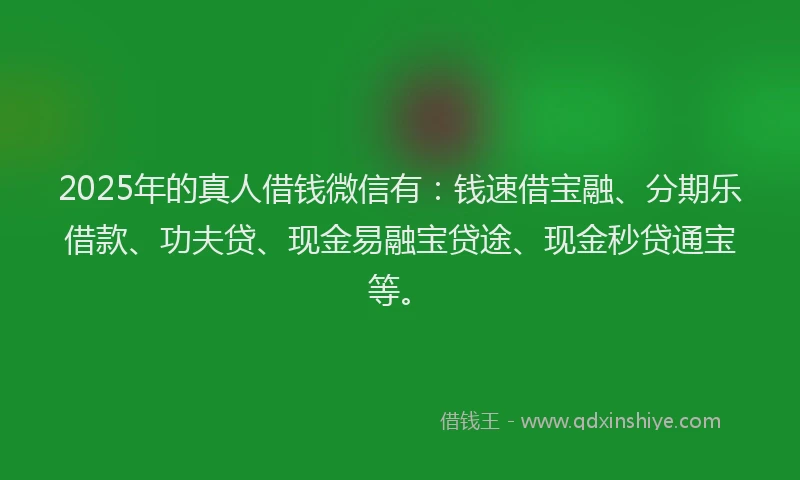 2025年的真人借钱微信有：钱速借宝融、分期乐借款、功夫贷、现金易融宝贷途、现金秒贷通宝等。
