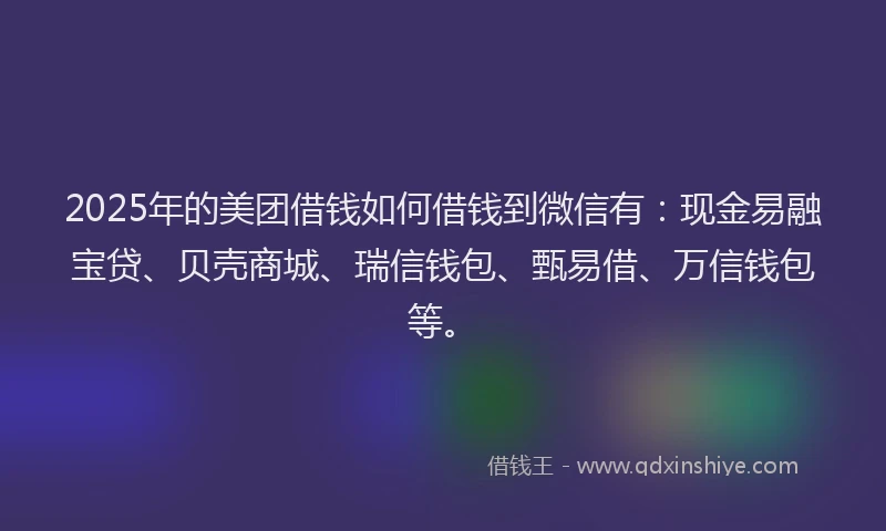 2025年的美团借钱如何借钱到微信有：现金易融宝贷、贝壳商城、瑞信钱包、甄易借、万信钱包等。