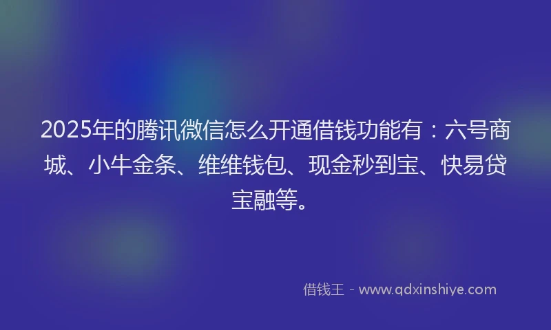 2025年的腾讯微信怎么开通借钱功能有：六号商城、小牛金条、维维钱包、现金秒到宝、快易贷宝融等。