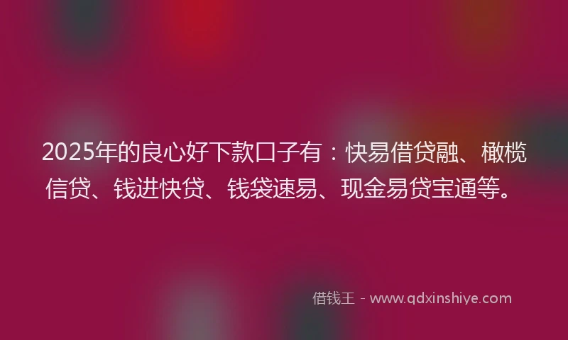 2025年的良心好下款口子有：快易借贷融、橄榄信贷、钱进快贷、钱袋速易、现金易贷宝通等。
