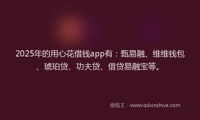 2025年的用心花借钱app有：甄易融、维维钱包、琥珀贷、功夫贷、借贷易融宝等。