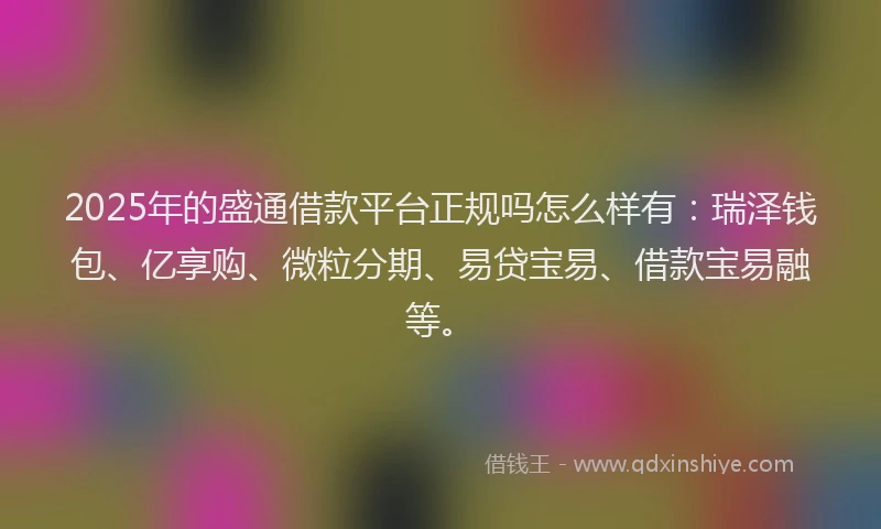 2025年的盛通借款平台正规吗怎么样有：瑞泽钱包、亿享购、微粒分期、易贷宝易、借款宝易融等。