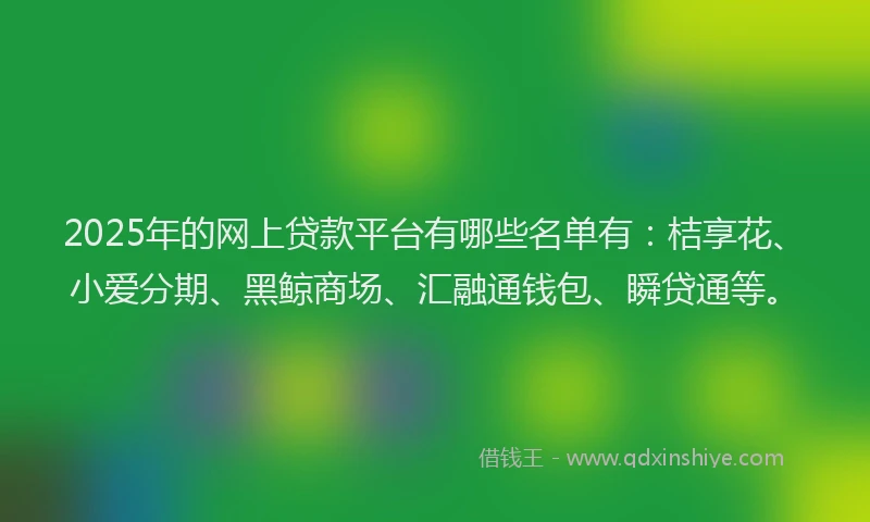 2025年的网上贷款平台有哪些名单有：桔享花、小爱分期、黑鲸商场、汇融通钱包、瞬贷通等。