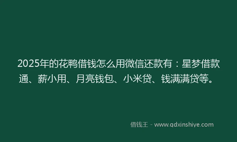 2025年的花鸭借钱怎么用微信还款有：星梦借款通、薪小用、月亮钱包、小米贷、钱满满贷等。