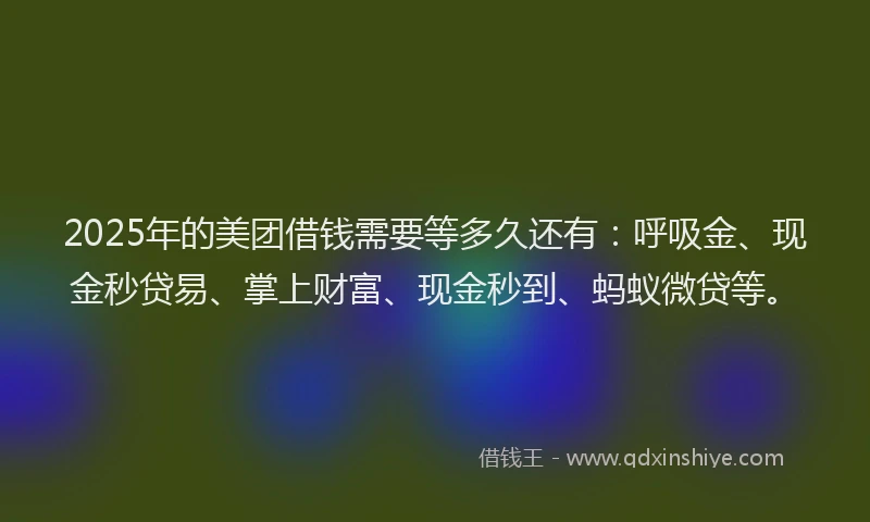 2025年的美团借钱需要等多久还有：呼吸金、现金秒贷易、掌上财富、现金秒到、蚂蚁微贷等。