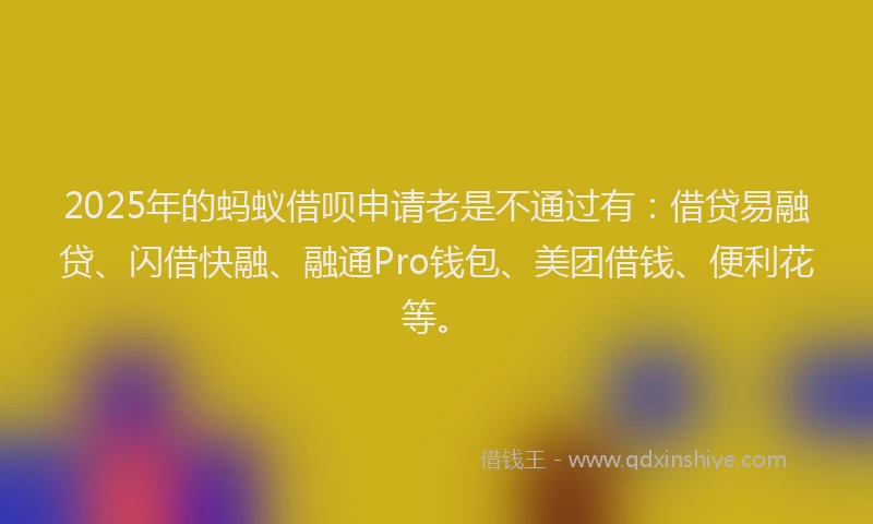 2025年的蚂蚁借呗申请老是不通过有：借贷易融贷、闪借快融、融通Pro钱包、美团借钱、便利花等。