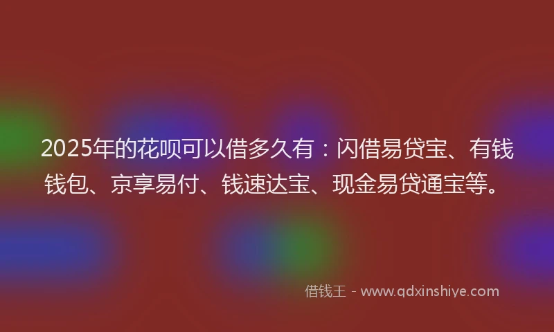 2025年的花呗可以借多久有：闪借易贷宝、有钱钱包、京享易付、钱速达宝、现金易贷通宝等。