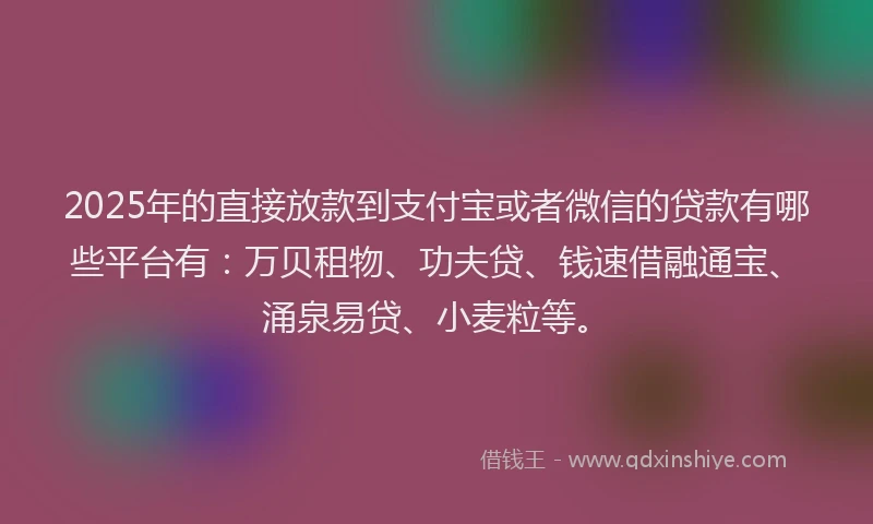2025年的直接放款到支付宝或者微信的贷款有哪些平台有：万贝租物、功夫贷、钱速借融通宝、涌泉易贷、小麦粒等。