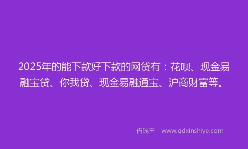 2025年的能下款好下款的网贷有：花呗、现金易融宝贷、你我贷、现金易融通宝、沪商财富等。