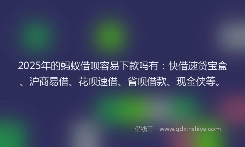 2025年的蚂蚁借呗容易下款吗有：快借速贷宝盒、沪商易借、花呗速借、省呗借款、现金侠等。