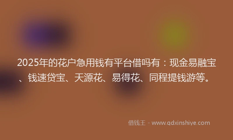 2025年的花户急用钱有平台借吗有：现金易融宝、钱速贷宝、天源花、易得花、同程提钱游等。