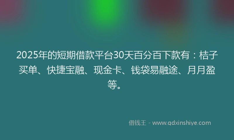 2025年的短期借款平台30天百分百下款有：桔子买单、快捷宝融、现金卡、钱袋易融途、月月盈等。