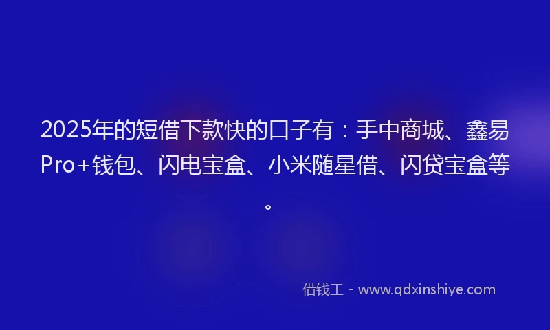 2025年的短借下款快的口子有：手中商城、鑫易Pro+钱包、闪电宝盒、小米随星借、闪贷宝盒等。