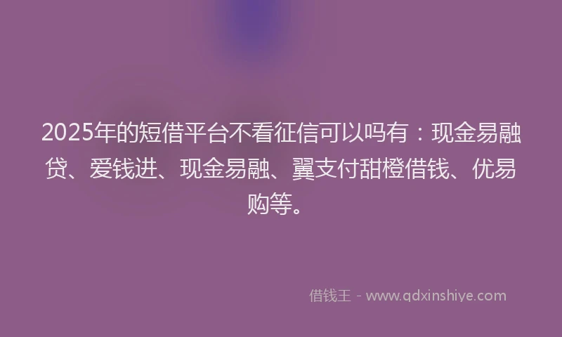 2025年的短借平台不看征信可以吗有：现金易融贷、爱钱进、现金易融、翼支付甜橙借钱、优易购等。